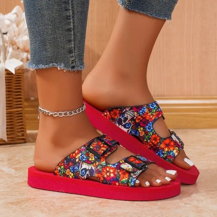 Women’s Buckle Slide Sandals – Lightweight Mixed Color Flats