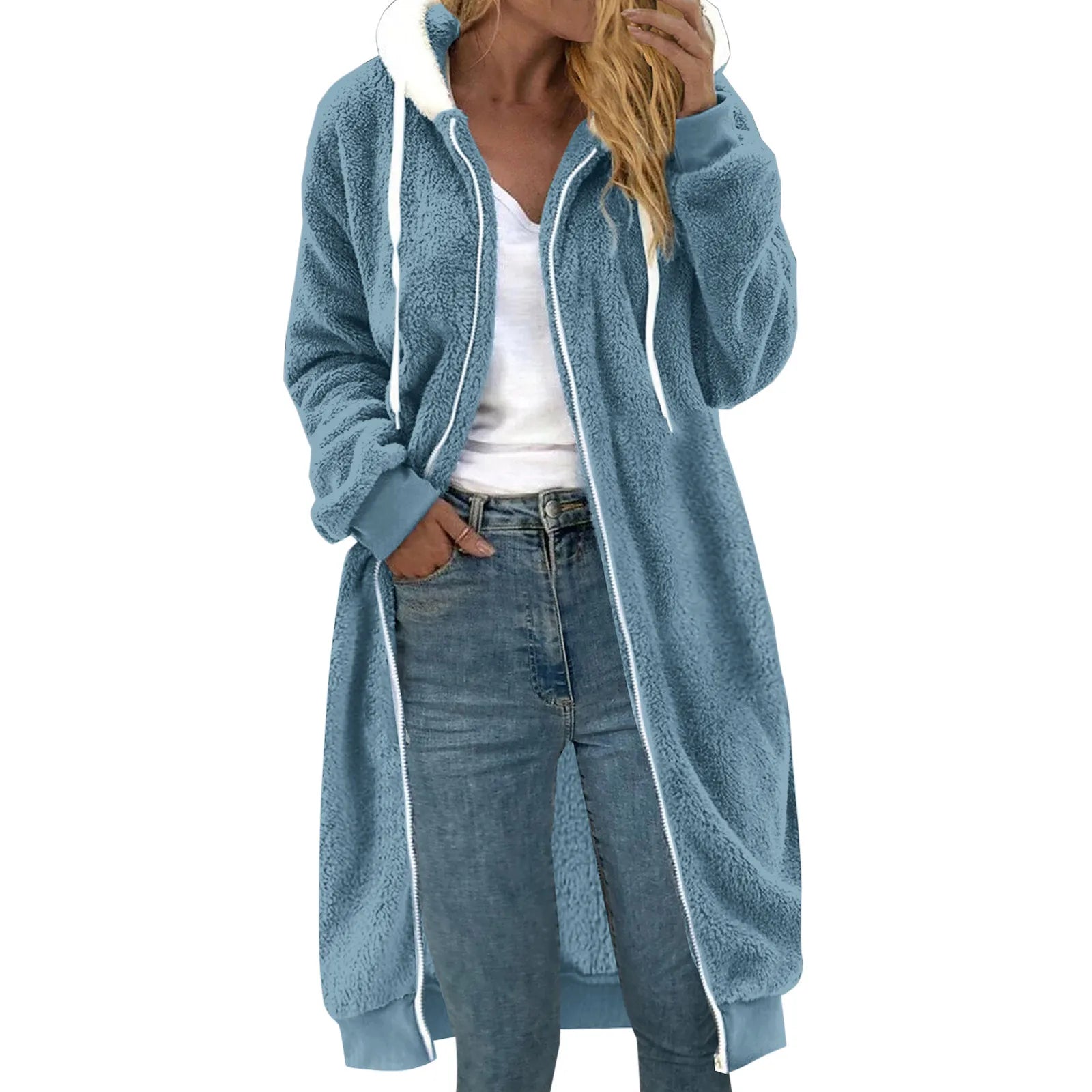 Women's Plus Size Color Block Plush Hoodie – Warm Zipper Sweatshirt Coat