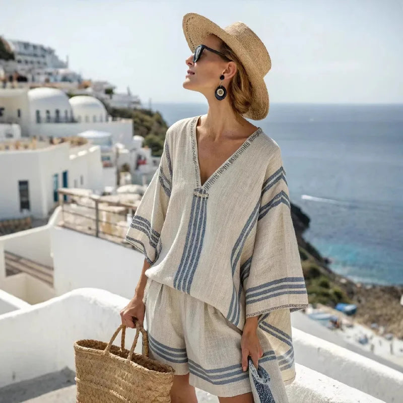 Women's Short Sleeve V-Neck Two Piece Shorts | OWNLUXE