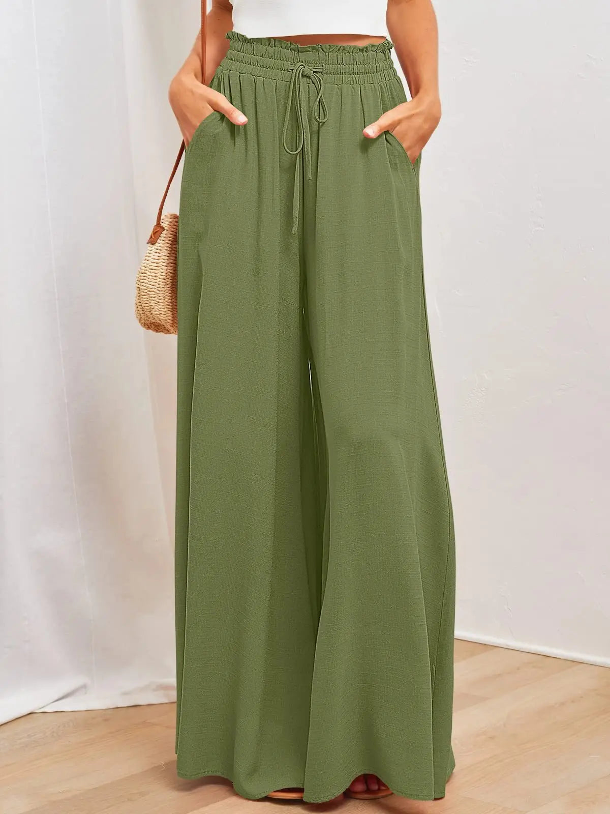 High Waist Wide Leg Pants - Elastic Waistband Summer Trousers