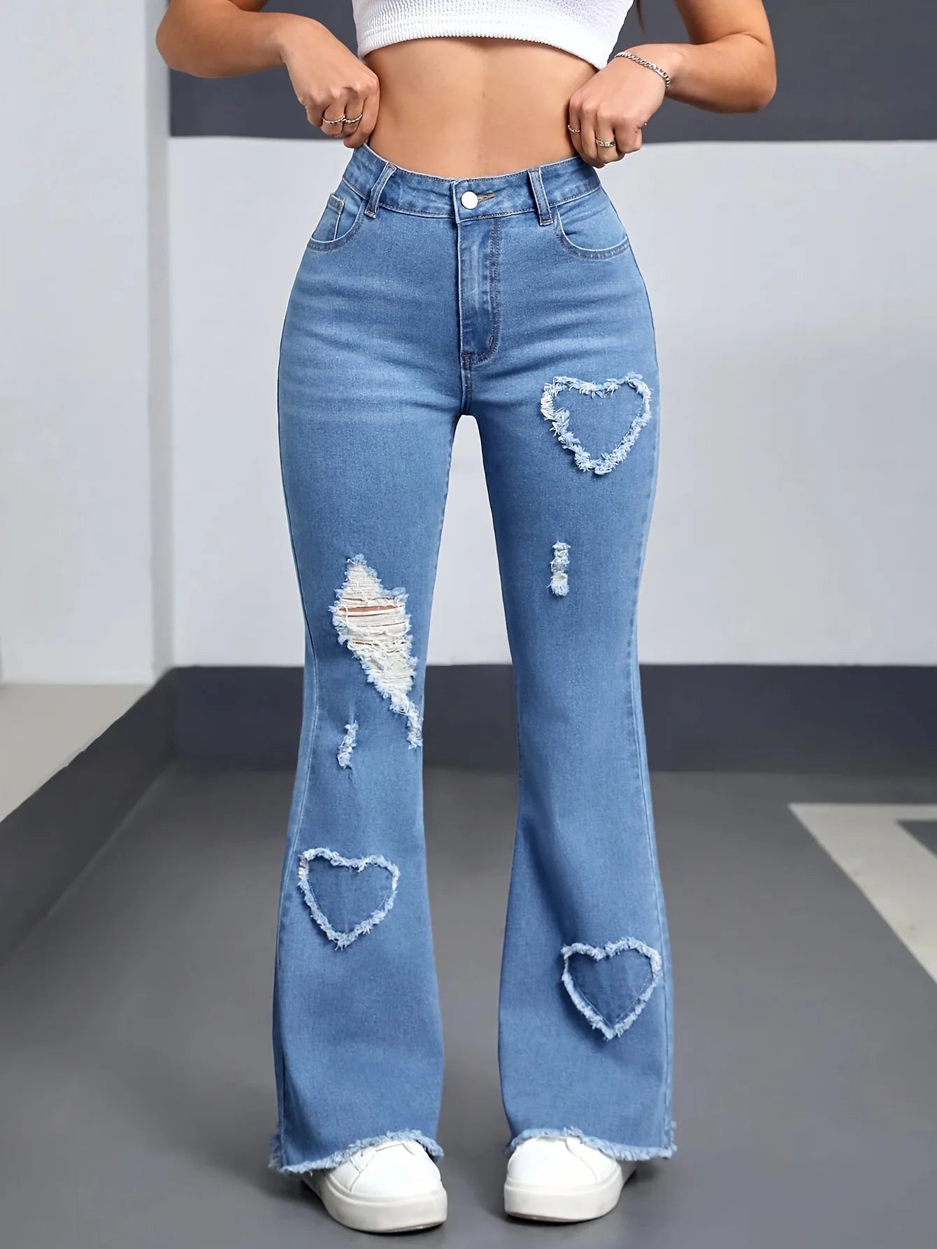 Denim Flared Jeans - High Waist Distressed Boot Cut Pants