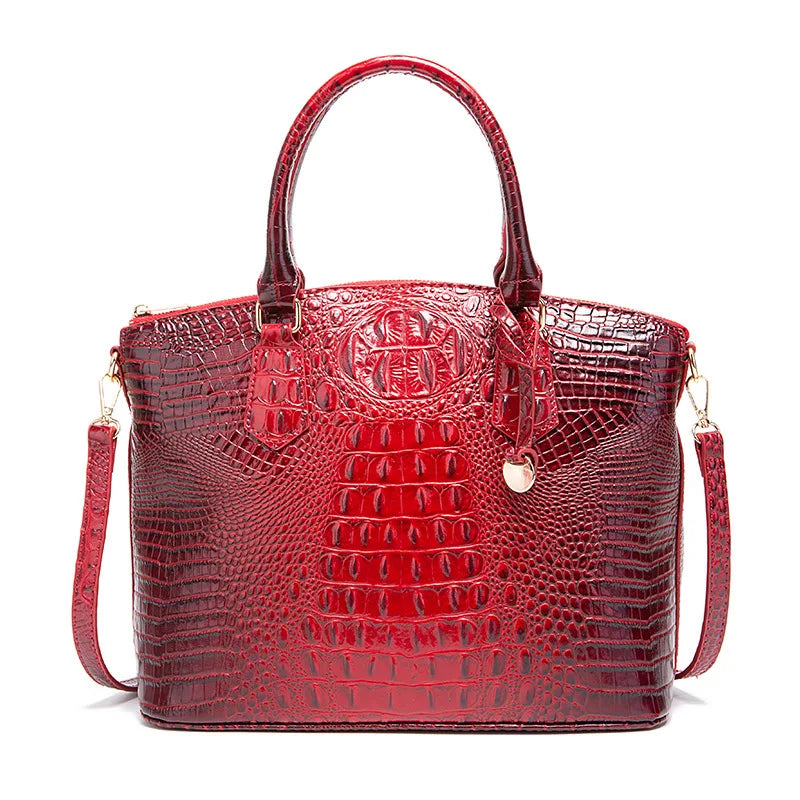 Crocodile Embossed Leather Handbag - Classic Shoulder Bag