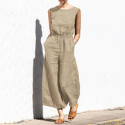 High Waist Cotton Linen Jumpsuit – Wide Leg Ankle-Length