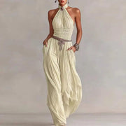 Boho Halter Backless Pleated Jumpsuit | OWNLUXE
