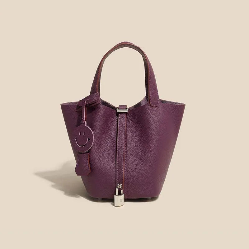 Genuine Cowhide Leather Bucket Bag - Fashion Lock Handbag with Phone Pocket | OWNLUXE