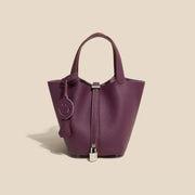 Genuine Cowhide Leather Bucket Bag - Fashion Lock Handbag with Phone Pocket | OWNLUXE