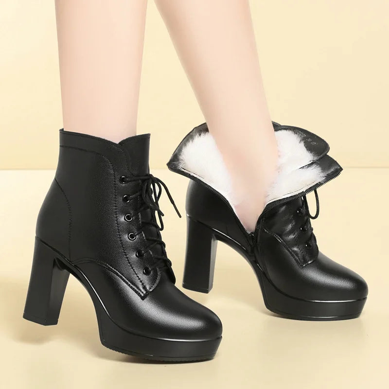 Platform Lace-Up Ankle Boots - Waterproof Winter Boots with Wool Lining