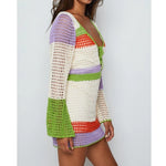 Load image into Gallery viewer, Striped Boho Mini Dress with Hollow Out Detail – V-Neck, Long Sleeve, Slim Fit
