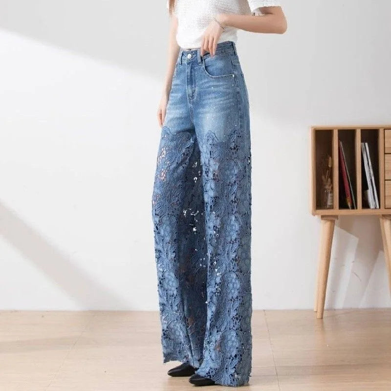 Women's Y2K High Waist Wide Leg Jeans - Lace Patchwork Denim Pants