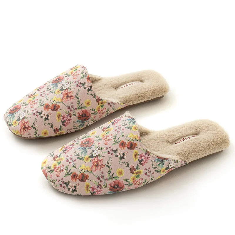 Plush Embroidered House Slippers with Rubber Sole