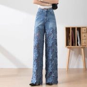 Women's Y2K High Waist Wide Leg Jeans - Lace Patchwork Denim Pants