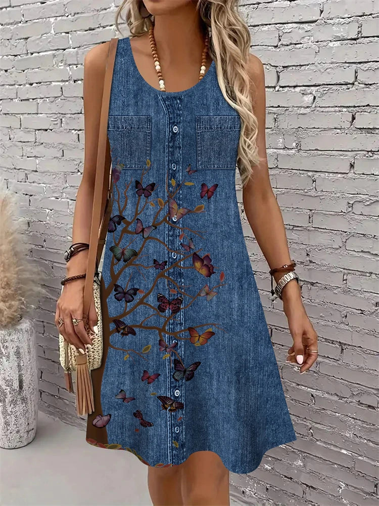 Floral Print Sleeveless Round-Neck Dress | OWNLUXE