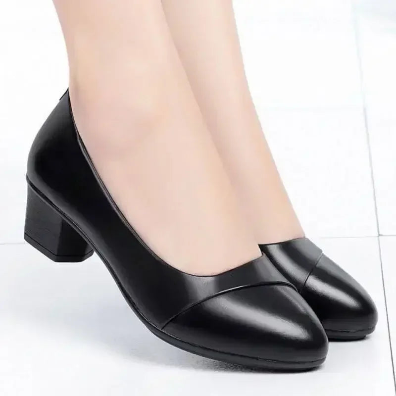 Square Heel Loafer Pumps with Pointed Toe, Slip-On