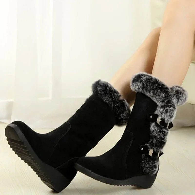 Women’s Faux Fur Slip-On Winter Snow Boots, Mid-Calf