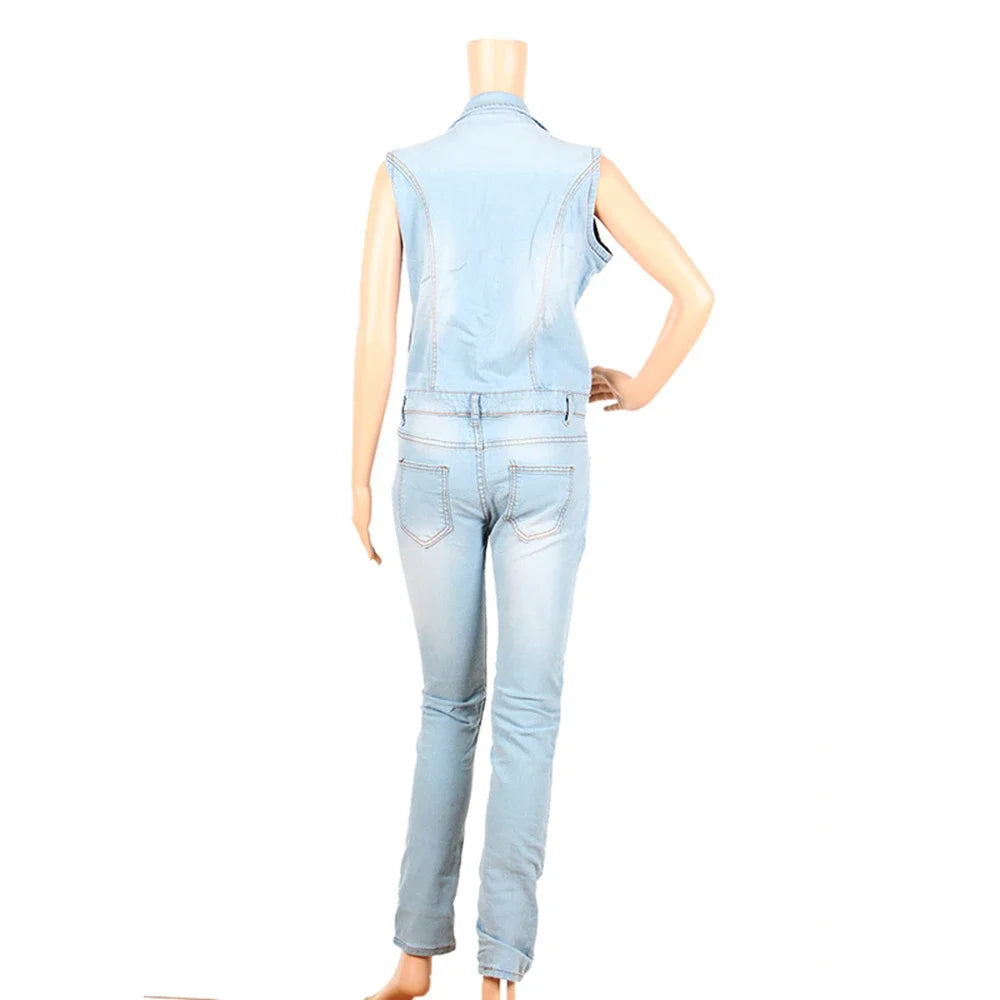 Denim Slim-Fit Zip-Up Sleeveless Jumpsuit | OWNLUXE