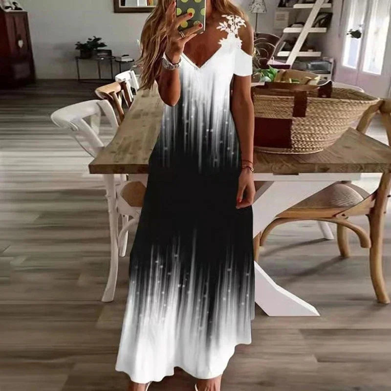 Floor-Length Printed V-Neck Camisole Dress – Elegant