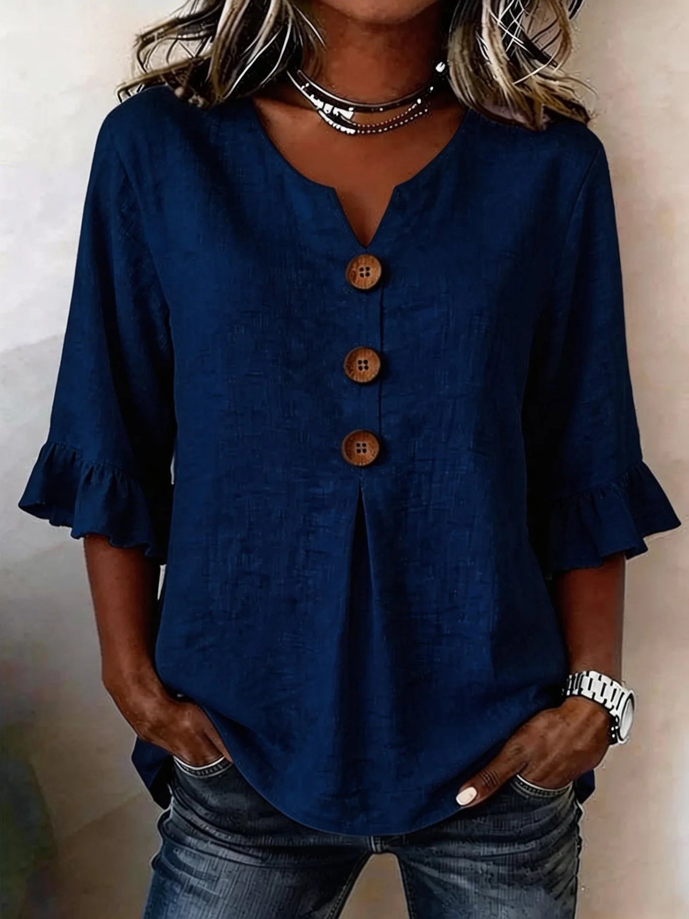 Button Perfect V-Neck Linen Lightweight Blouse | OWNLUXE