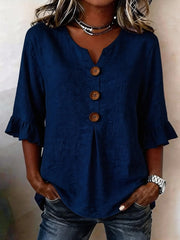 Button V-Neck Linen Lightweight Blouse | OWNLUXE
