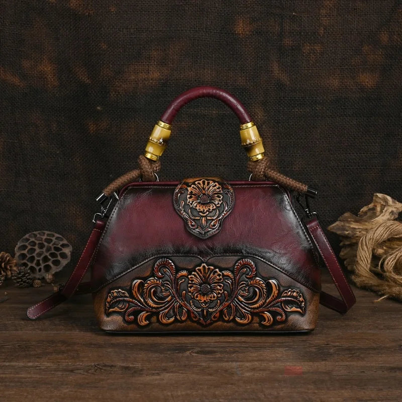 Vintage Carved Leather Handbag - Handmade Luxury Shoulder Bag