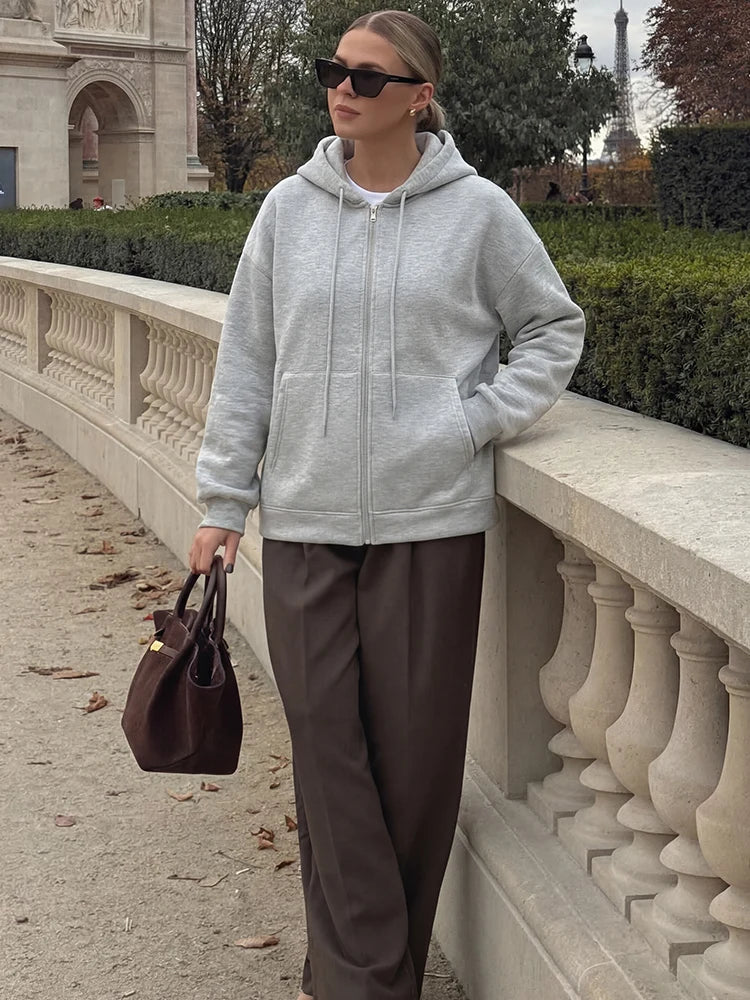 Zip-Up Long-Sleeve Pocket Relaxed-Fit Coat | OWNLUXE