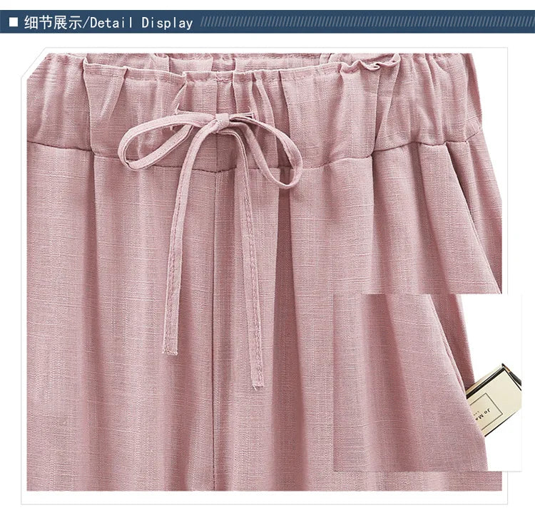 Cotton Linen Pants - Elastic Waist Ankle Length Casual Trousers