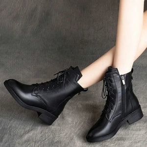 European and American Retro Short Boots Women's 2023 New Versatile Soft Leather Mid Heel Plush Women's Boots Zapatillas De Mujer