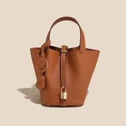 Genuine Cowhide Leather Bucket Bag - Fashion Lock Handbag with Phone Pocket | OWNLUXE