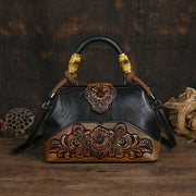 Vintage Carved Leather Handbag - Handmade Luxury Shoulder Bag