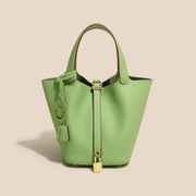 Genuine Cowhide Leather Bucket Bag - Fashion Lock Handbag with Phone Pocket | OWNLUXE