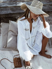 Women Swimsuit Cover Up Sleeve Kaftan Beach Tunic Dress Robe De Plage Solid White Cotton Pareo  High Collar Beachwear
