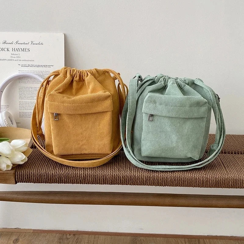 Corduroy Drawstring Bucket Bag | OWNLUXE