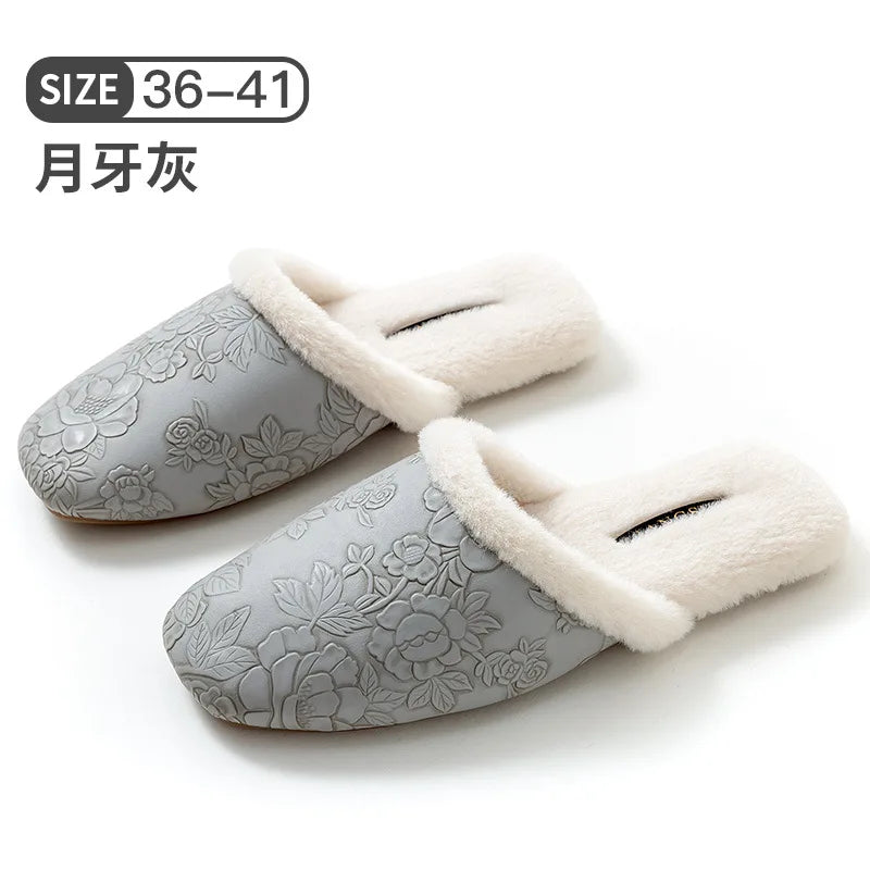 Plush Embroidered House Slippers with Rubber Sole