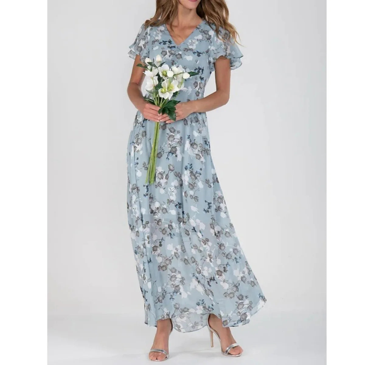 Beach Holiday Chiffon Midi Dress V-Neck Long Sleeve Casual Loose | OWNLUXE