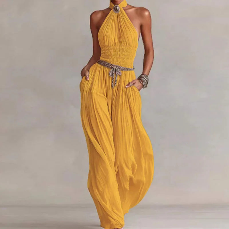 Boho Halter Backless Pleated Jumpsuit | OWNLUXE