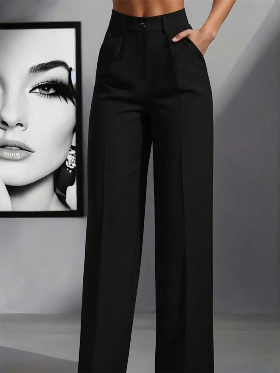 Women's High Waist Work Trousers - Casual Loose Fit Pants with Pockets