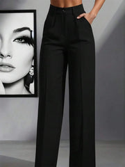 Women's High Waist Work Trousers - Casual Loose Fit Pants with Pockets