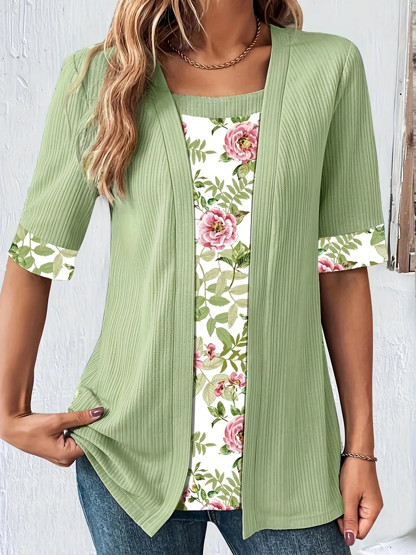 Floral Knit Square Neck Top with Half Sleeves