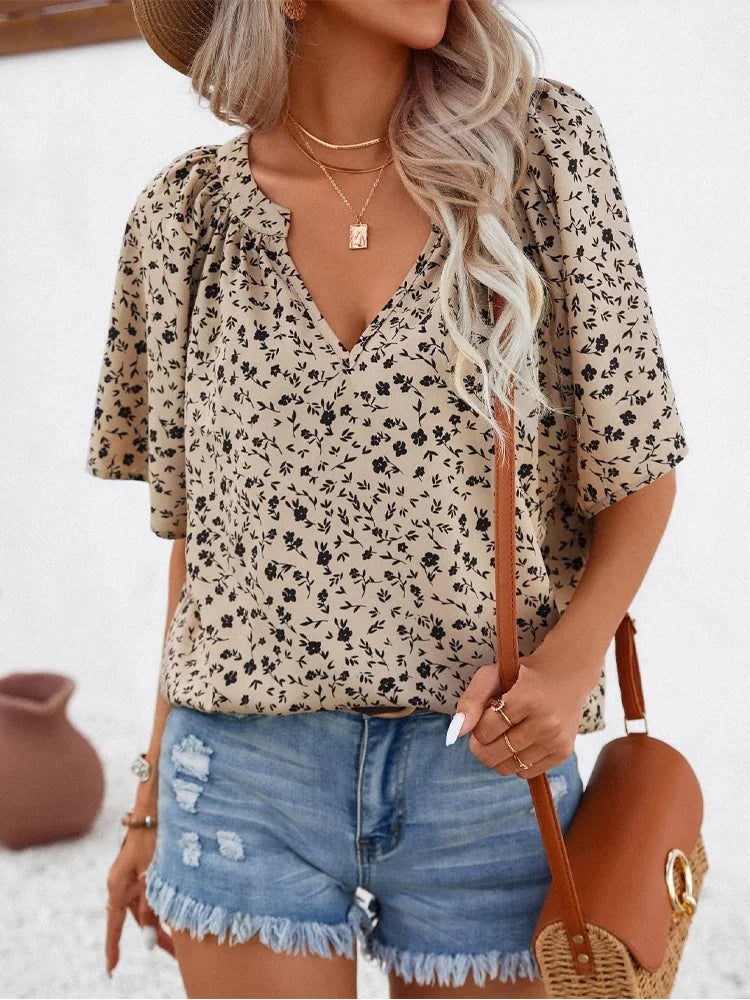 Plus Size Floral Summer Pullover with Stand Collar