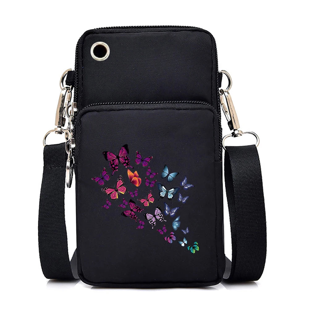 Mini Nylon Phone Crossbody Bag – Butterfly Print Neck Pouch with Zipper