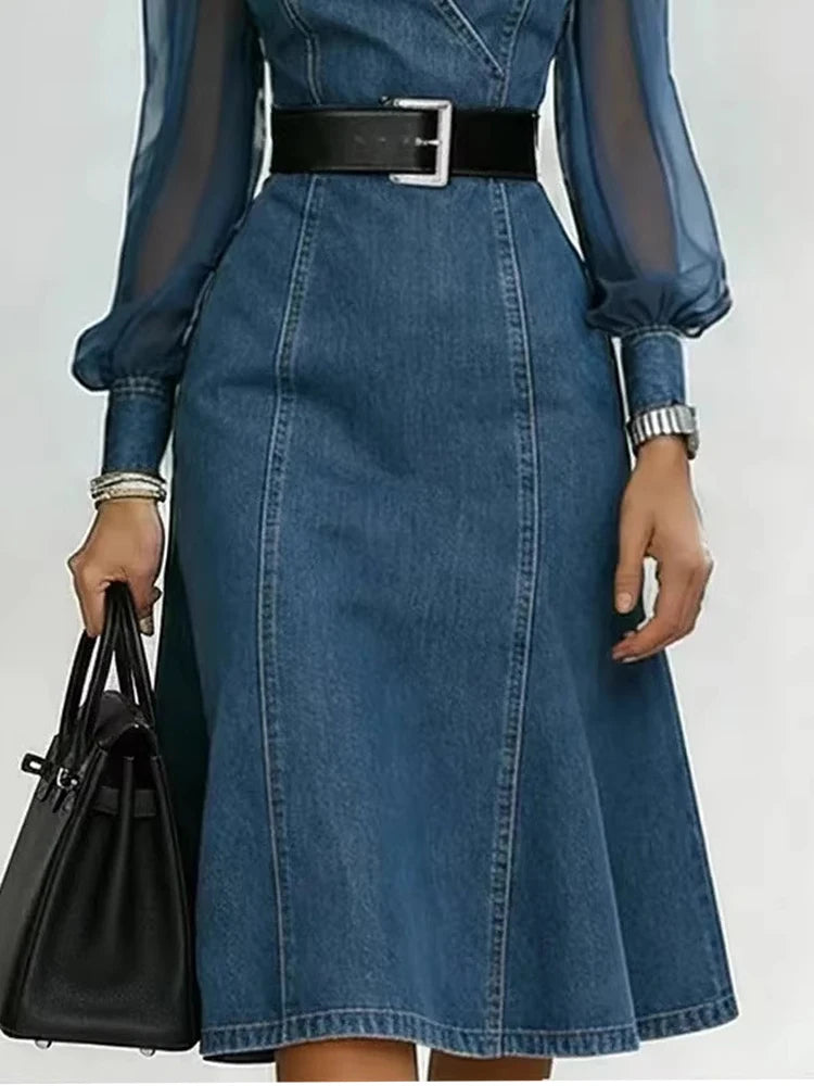 Women's Long Sleeve V-Neck Denim Dress | OWNLUXE
