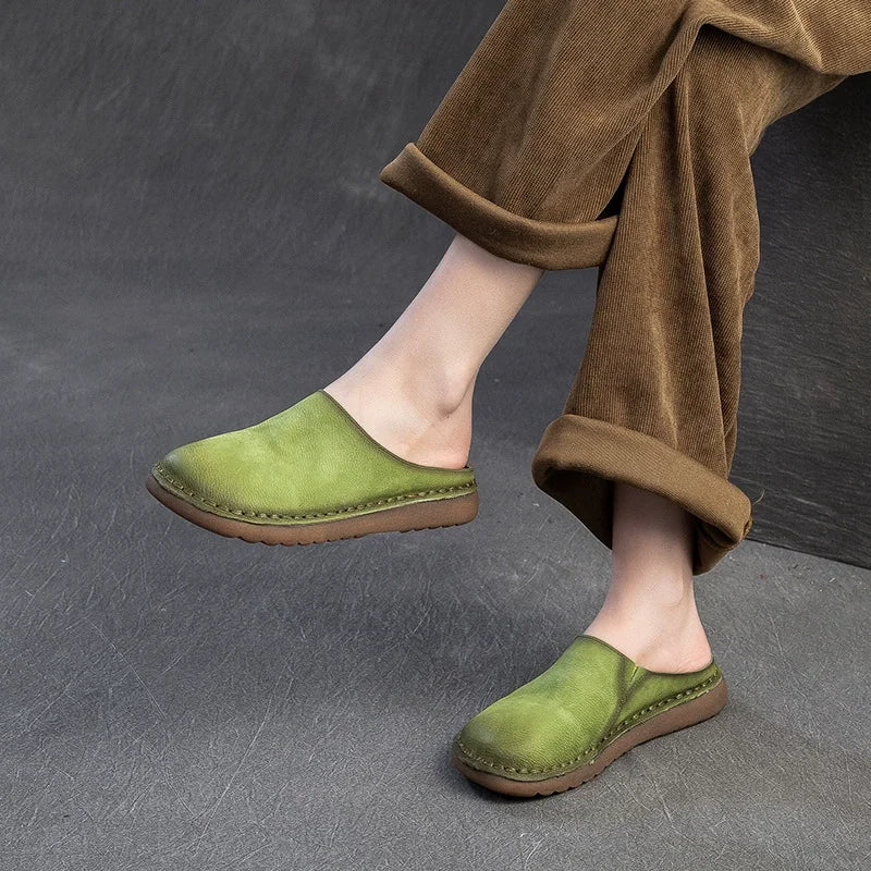Genuine Leather Flat Slippers – Handmade Retro Women’s Mules