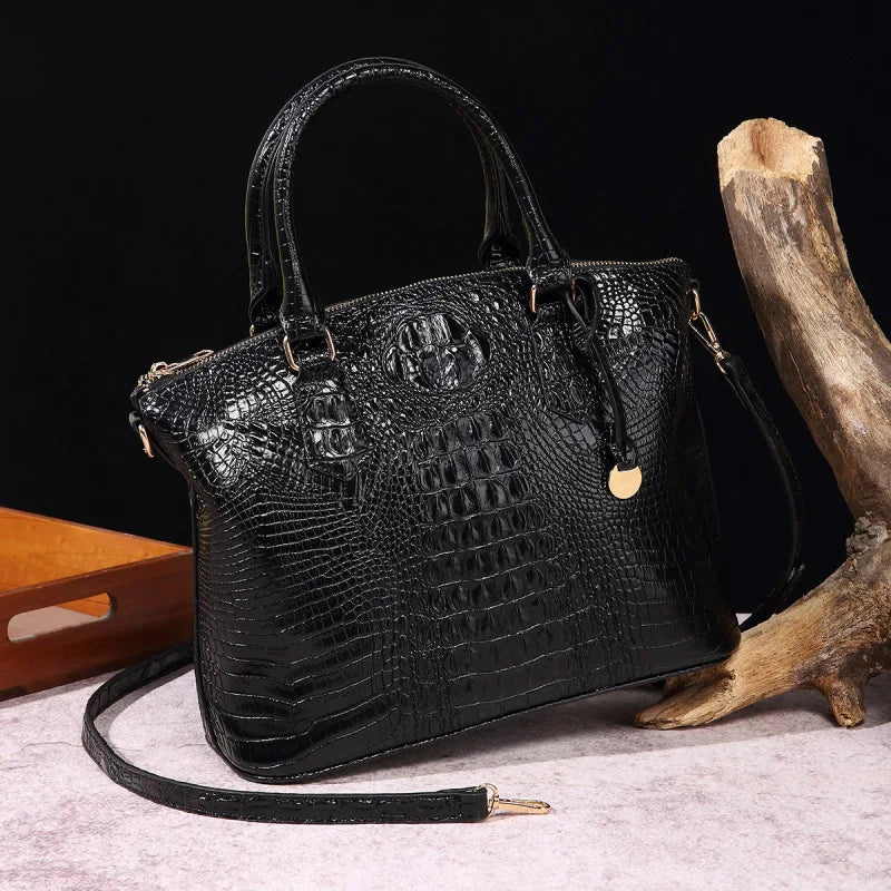 Crocodile Embossed Leather Handbag - Classic Shoulder Bag