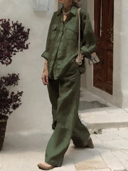 Women’s Wide-Leg Two-Piece Set with Turn-Down Collar Shirt