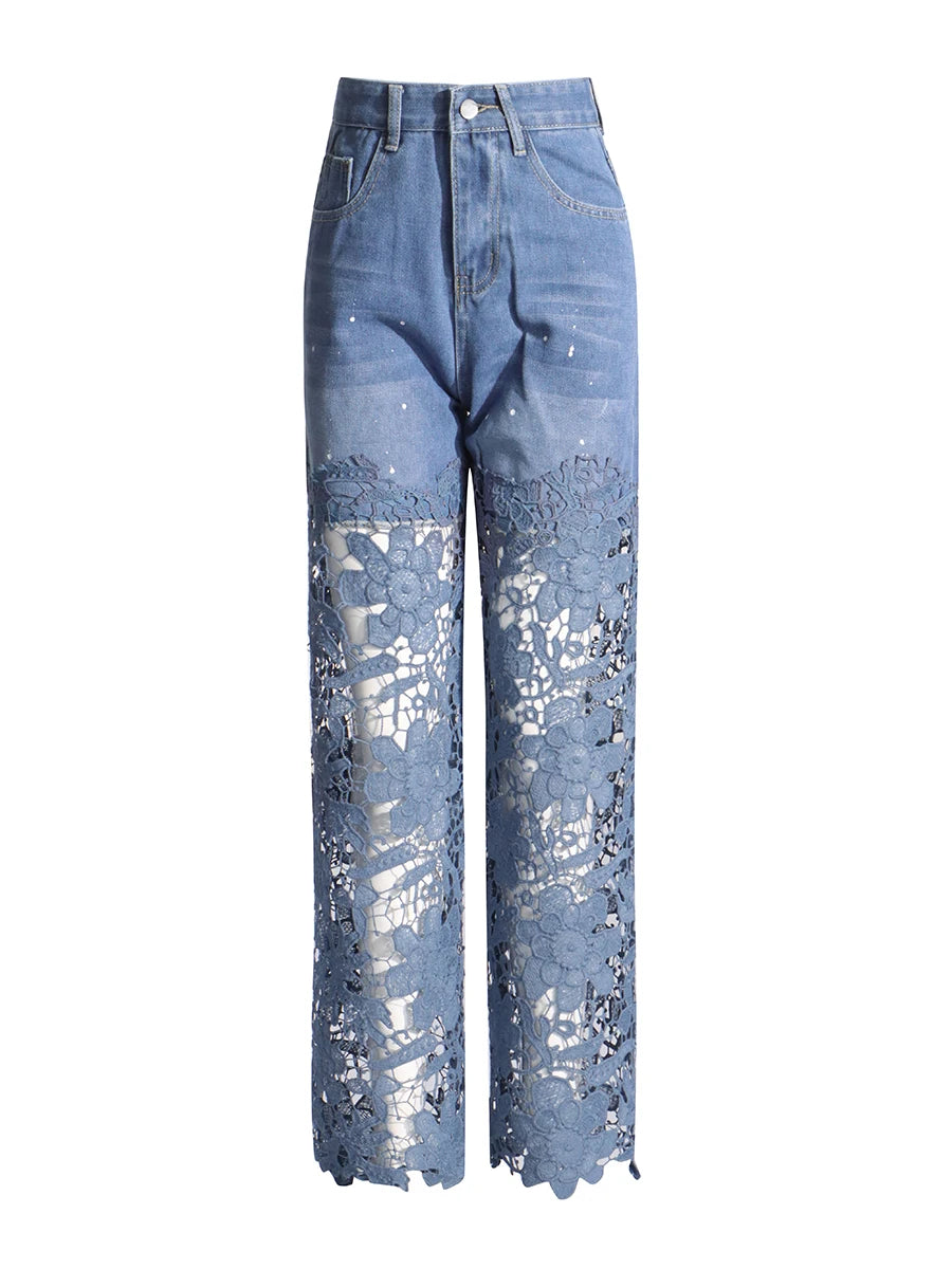 VGH Hollow Out Denim Pants - High Waist Slimming Trousers