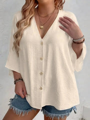 V-Neck Button-Front Loose Blouse – Casual Comfort