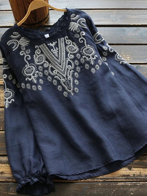 Embroidered Long-Sleeve Cotton Blouse | OWNLUXE