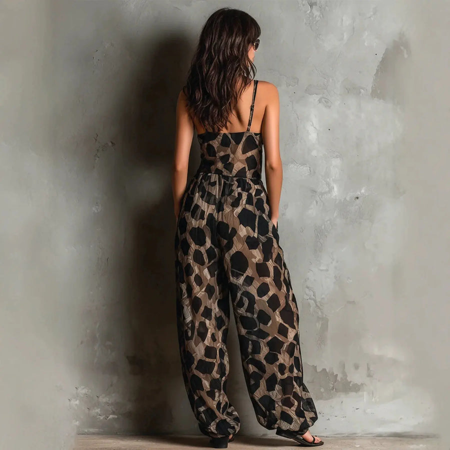 Women's Wide Leg Sleeveless V-Neck Jumpsuit Leopard | OWNLUXE