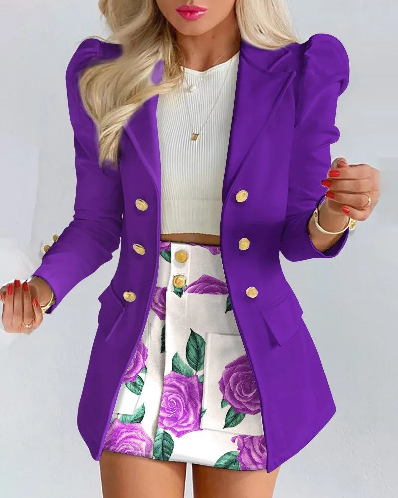 Women's Elegant Plaid Print Blazers Skirt Two Piece Set Notched Long Sleeve | OWNLUXE
