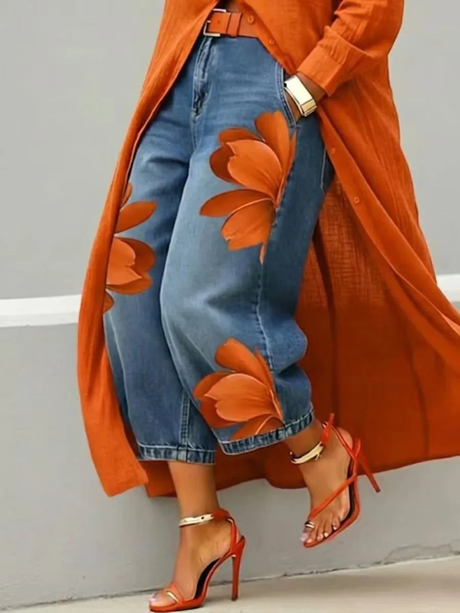 Floral High-Waist Relaxed-Fit Cropped Jeans | OWNLUXE