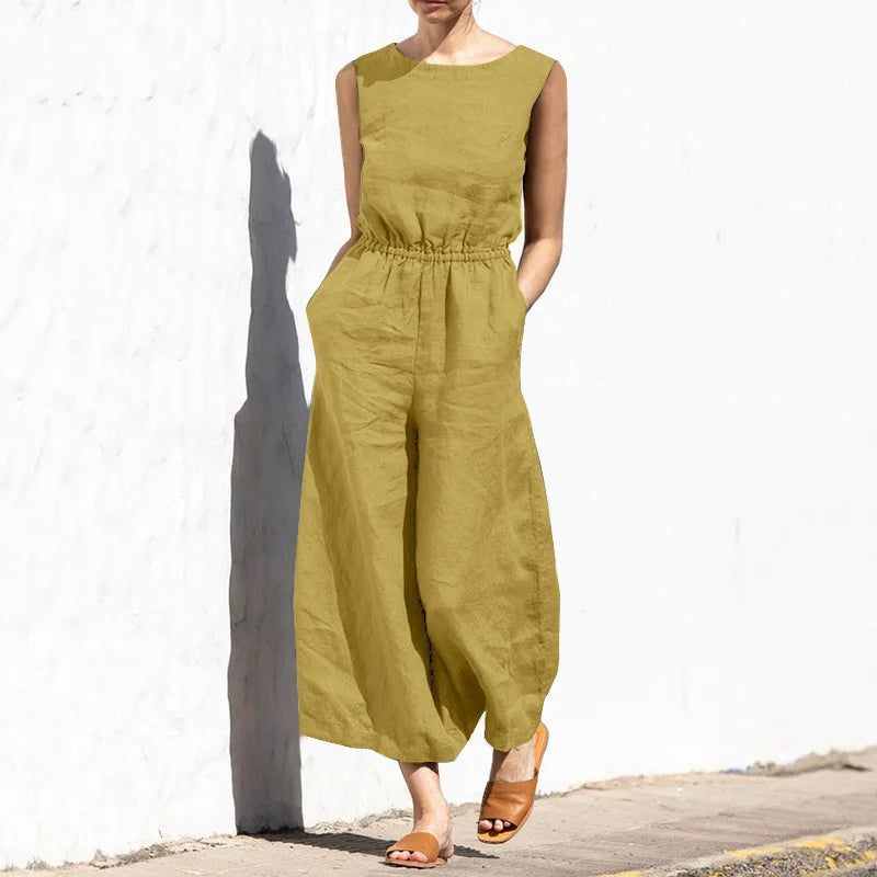 High Waist Cotton Linen Jumpsuit – Wide Leg Ankle-Length